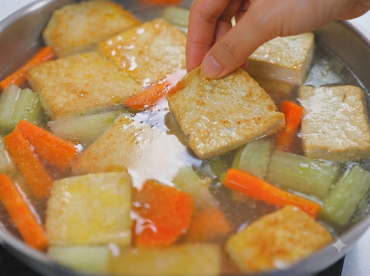 野菜と豆腐が入ったカレー鍋に、きつね色の豆腐が浮かんでいる様子。
