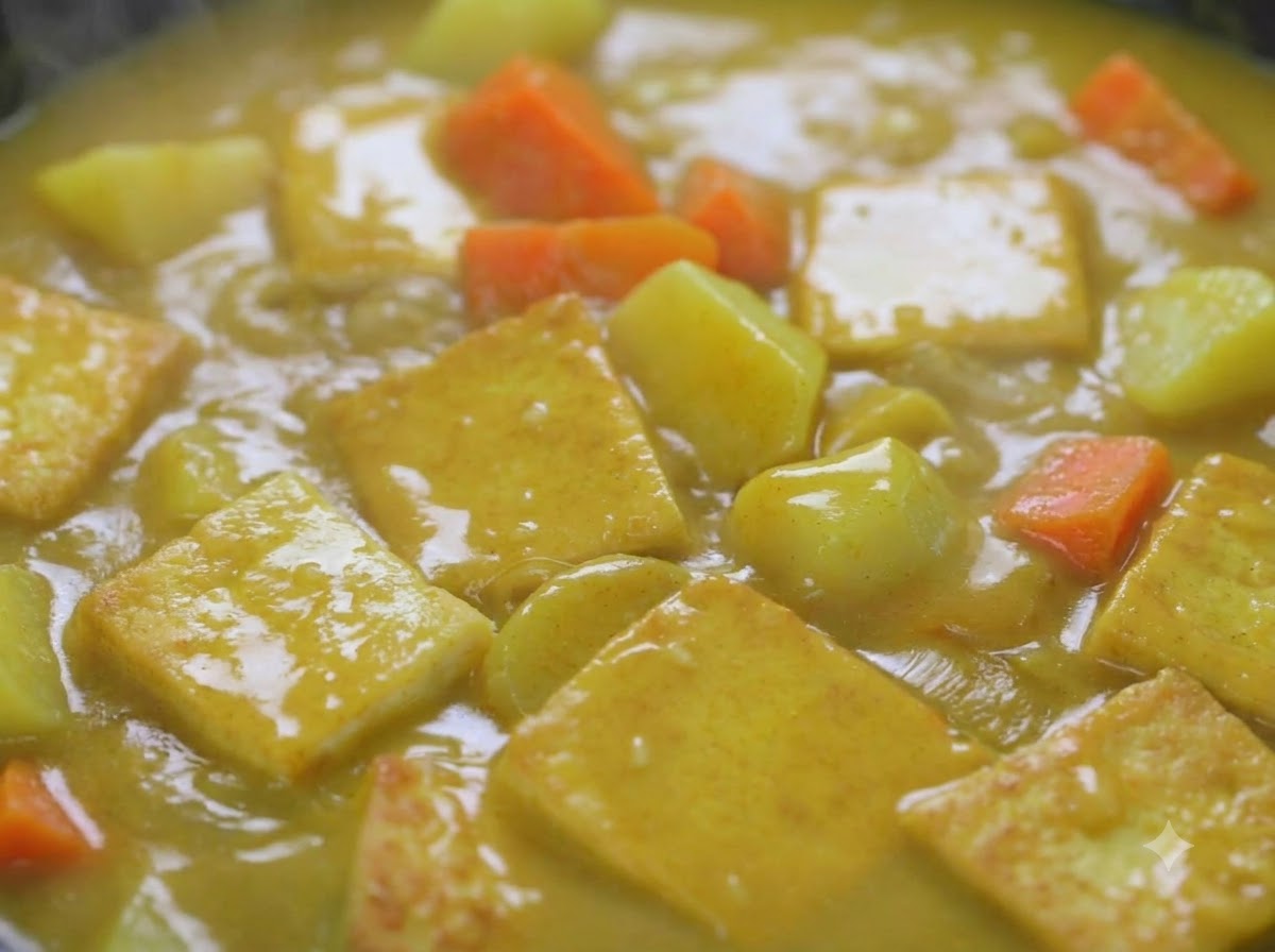 フライパンの中で、豆腐、じゃがいも、人参にとろみのある濃厚なカレーソースが絡んでいる様子。