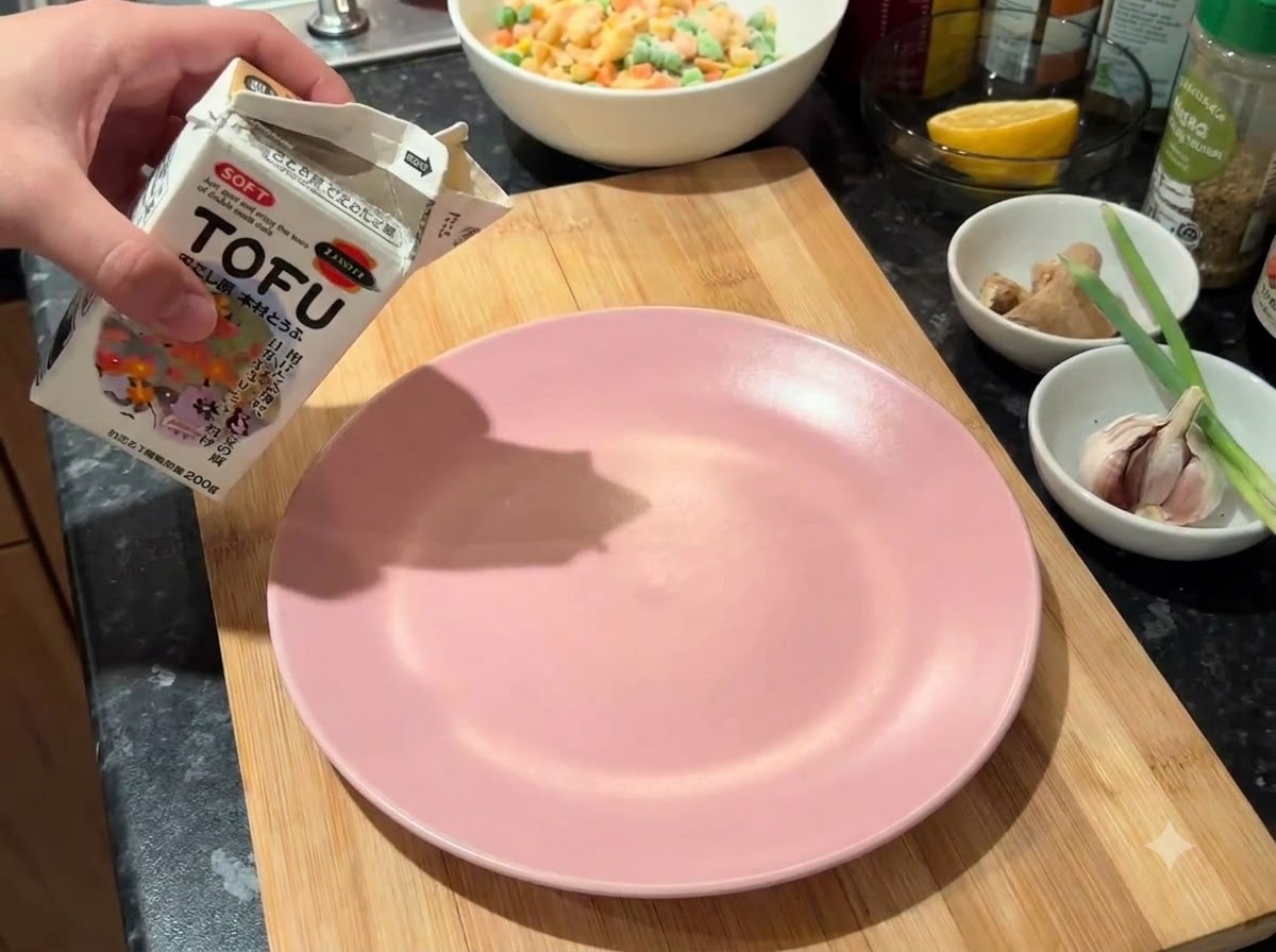 木製のカッティングボードに置いたピンク色の皿に、絹ごし豆腐のパックから豆腐を滑り出させている様子。