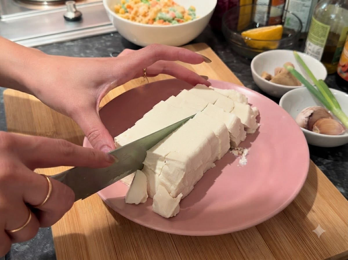 ピンク色の皿の上で、包丁を使って絹ごし豆腐を小さな立方体にスライスしている様子。