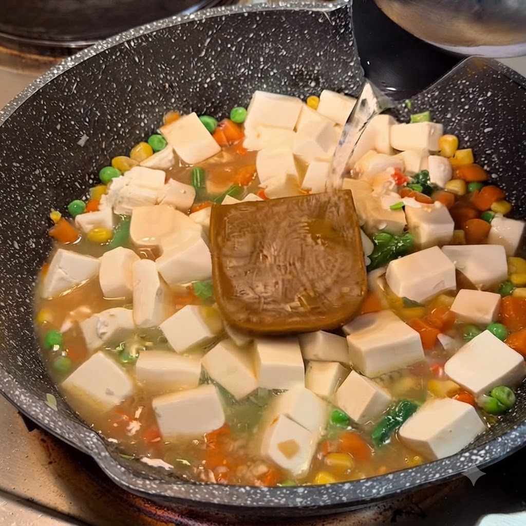ケトルから、豆腐、野菜、カレールーの入ったフライパンにお湯を注ぎ入れている様子。
