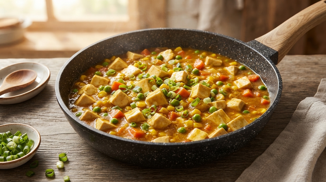 スイートコーン、グリーンピース、人参が豊かなソースに入った、和風豆腐カレーの心温まるフライパン料理。