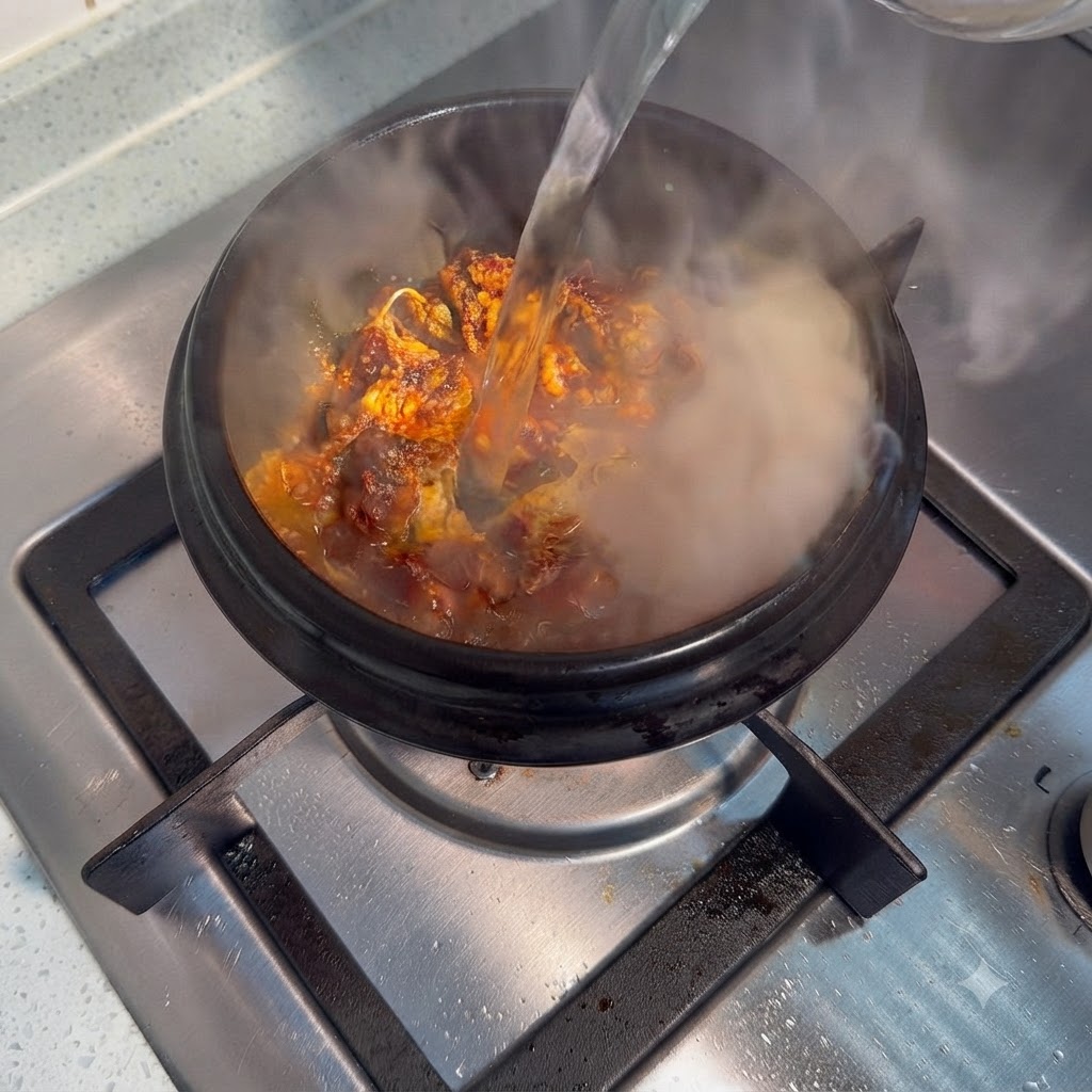 味付けした肉とスパイスが入った熱い陶器鍋に水を注ぎ、湯気が立っている様子。