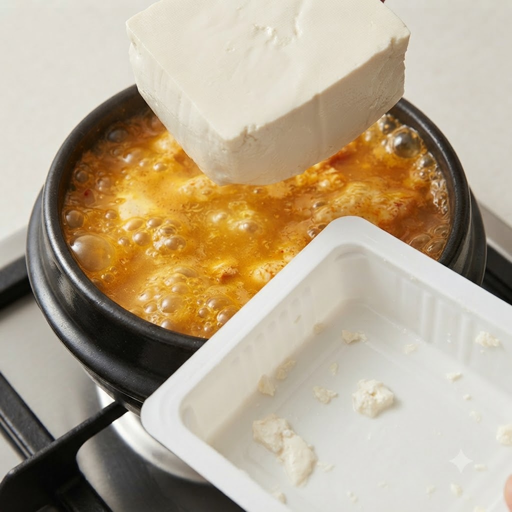 パッケージの横で、絹ごし豆腐を煮立つチゲの中に加えている様子。