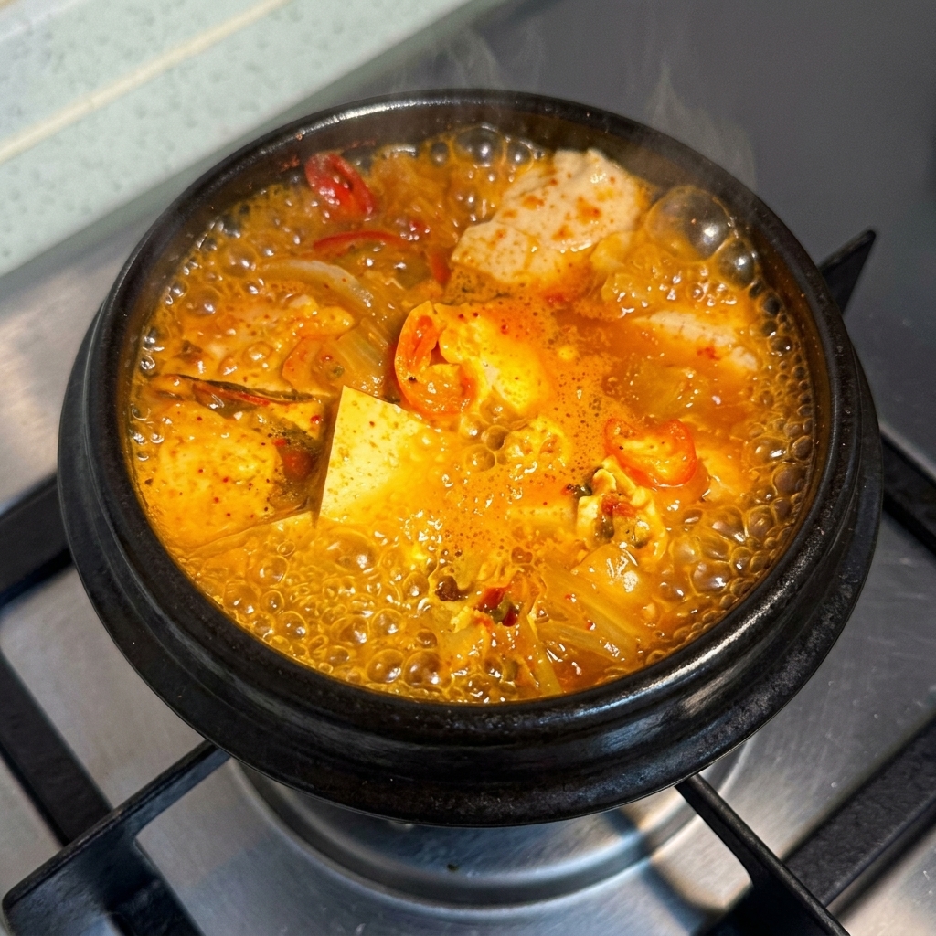 コンロで煮え滾るピリ辛チゲのクローズアップ画像。