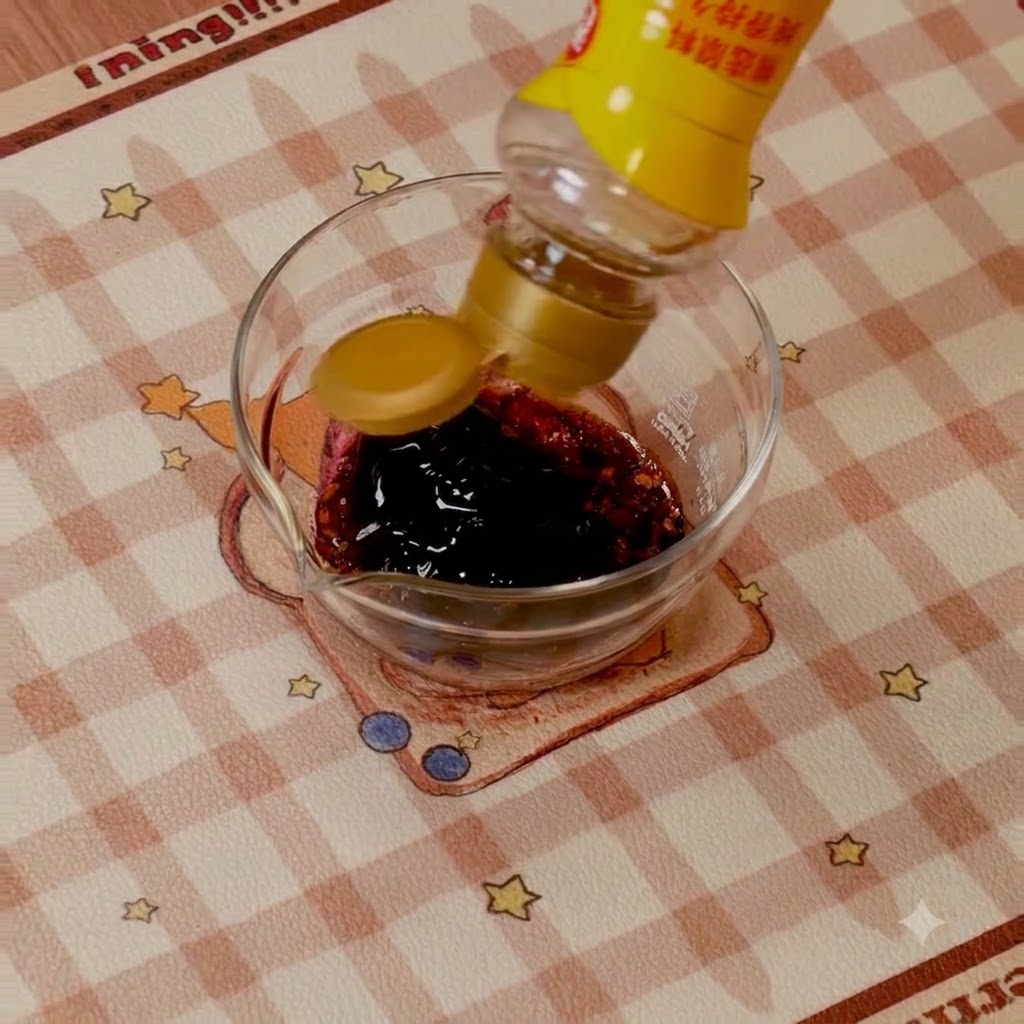 コチュジャンなどが入ったガラスボウルに黒い調味料を注いでいる様子。