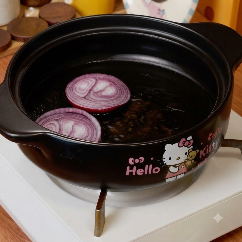 黒い鍋の中に油をひき、スライスした紫玉ねぎを敷き詰めている様子。