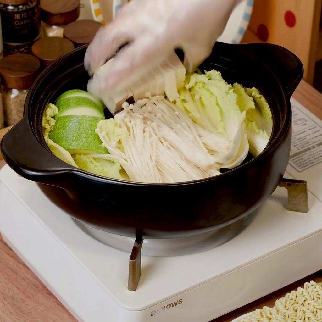 黒い鍋の中にミニ白菜、えのき茸、ズッキーニ、豆腐を綺麗に並べている様子。