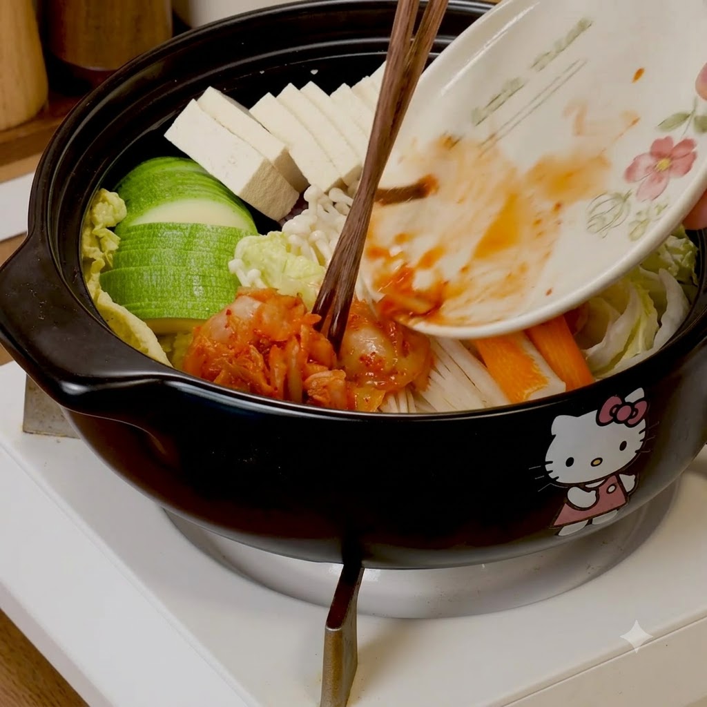 お箸を使って、ズッキーニや豆腐などが入った鍋に刻みキムチを加えている様子。