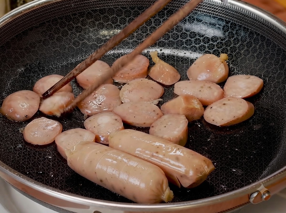 フライパンで切り込みを入れたソーセージをこんがりと焼き、お箸で裏返している様子。
