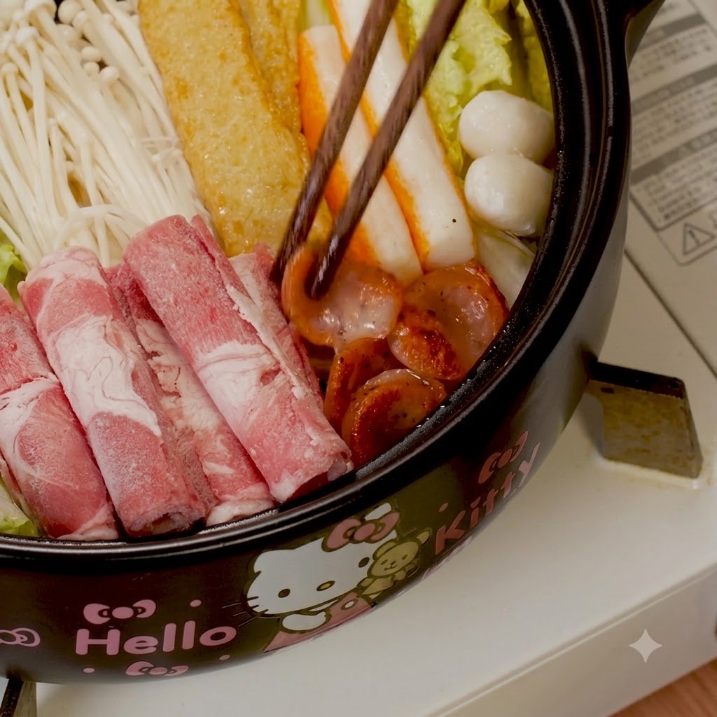 野菜や生の牛肉ロールが入った鍋に、お箸でこんがり焼けたソーセージを加えている様子。