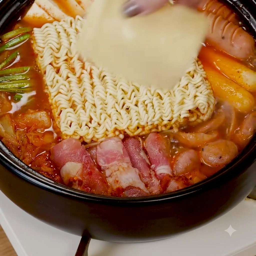 赤いスープの真ん中に、インスタントラーメンの麺とスライスチーズを乗せている様子。