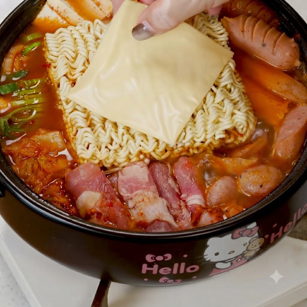 鍋の中のラーメンとチーズの上に、生卵を割り入れている様子。
