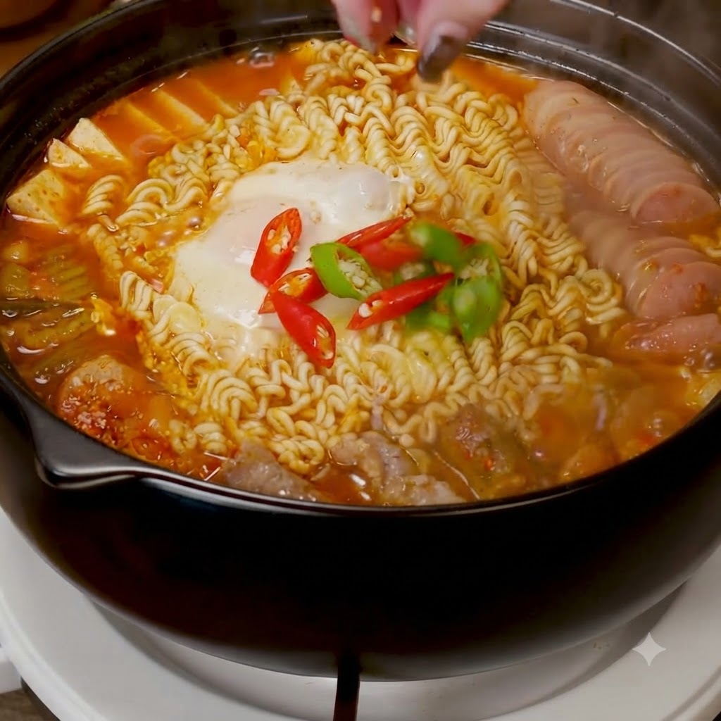 煮立っている卵と麺の上に、スライスした赤・青唐辛子を散らしている様子。