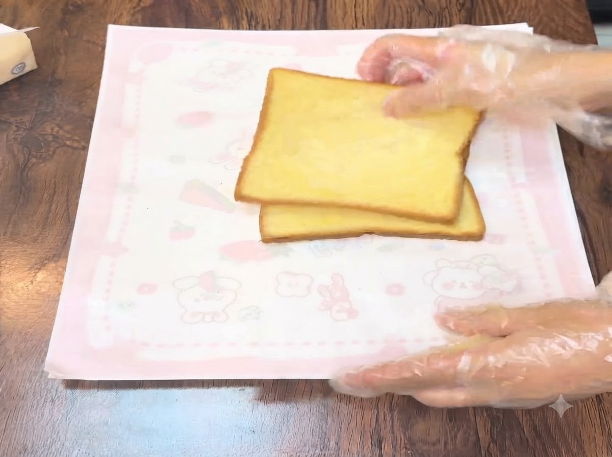 ピンク色のマットの上にパンプキン食パンを3枚並べ、ドレッシングを絞っている様子。