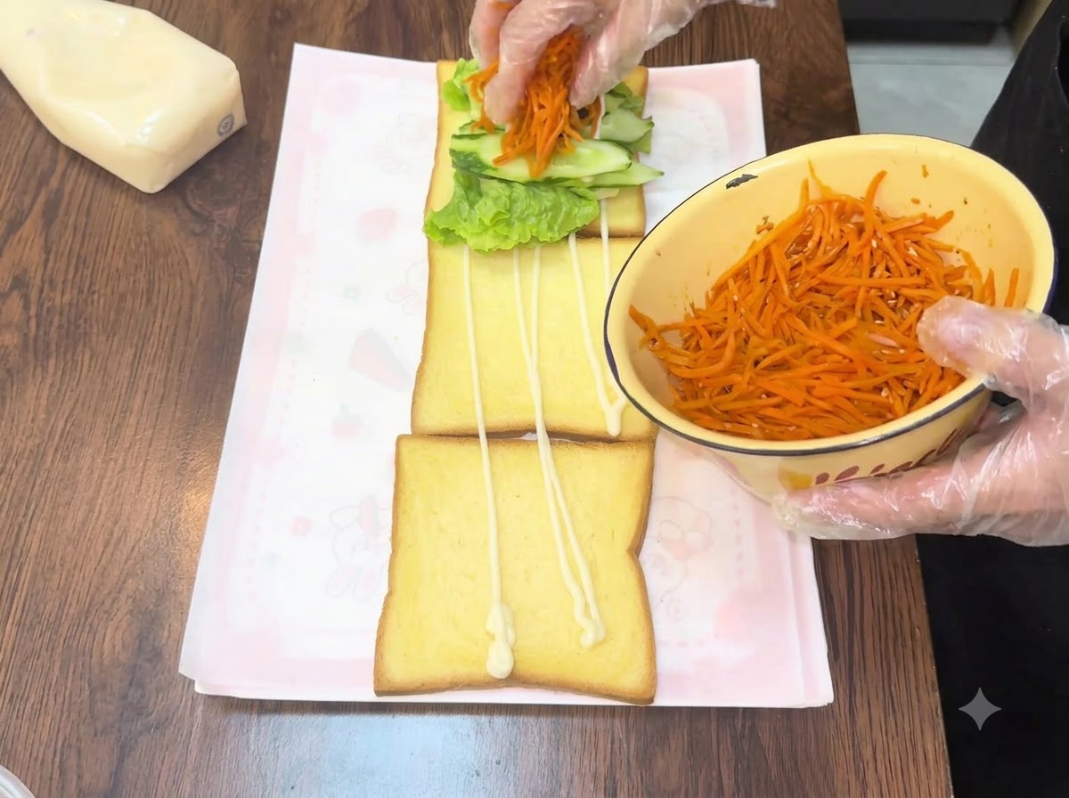 きゅうりの層の上に、黄色いボウルから鮮やかなオレンジ色の千切り人参を乗せている様子。