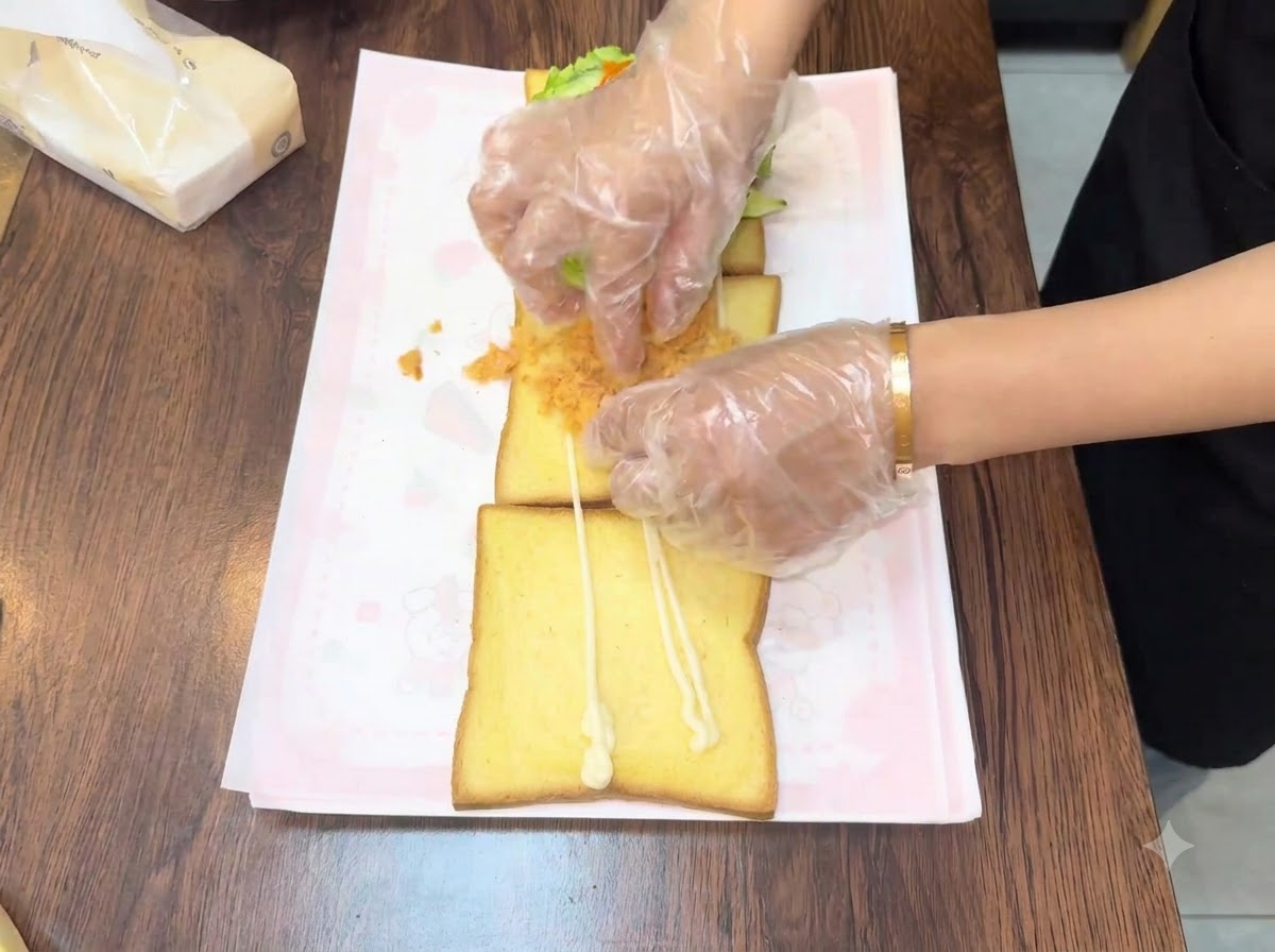 2枚目のパンに、ふわふわの黄金色の肉でんぶを広げている様子。