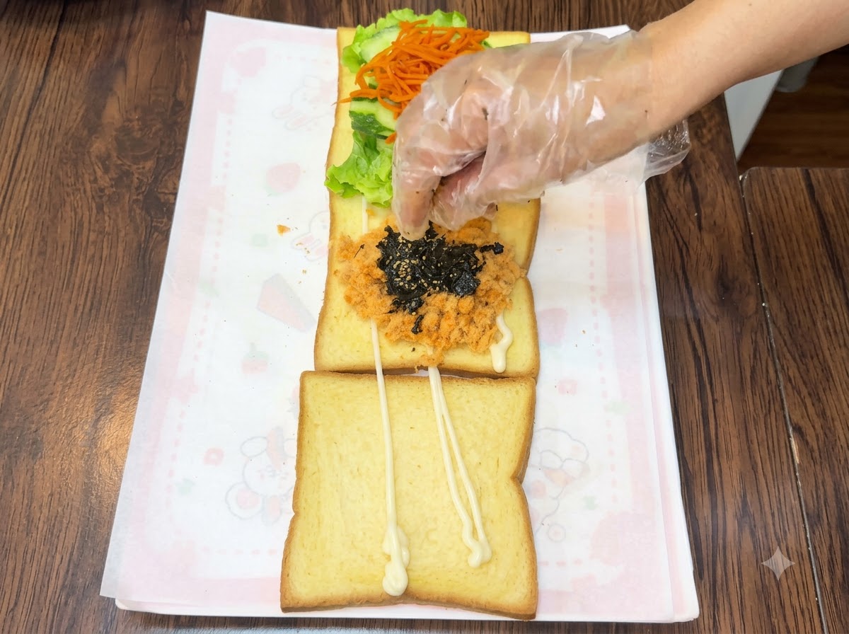 トーストの上の肉でんぶに、韓国海苔のふりかけとごまを散らしている様子。