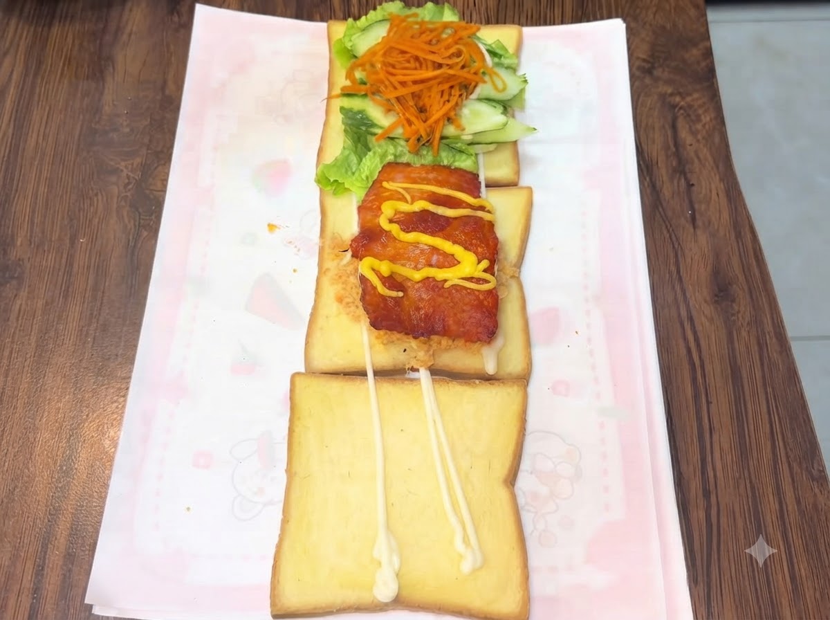 チキンカツの上に、黄色のハニーマスタードと赤のケチャップをジグザグに絞っている様子。