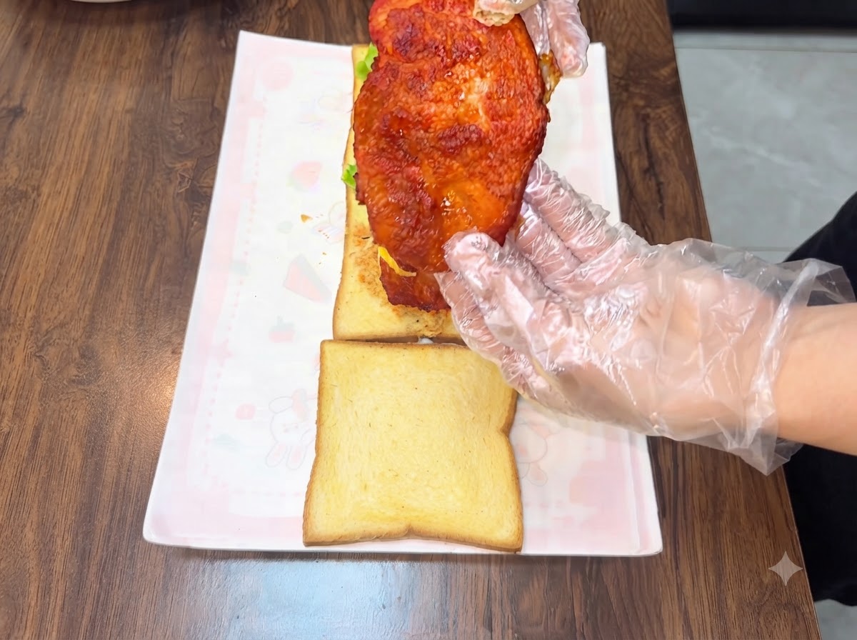2枚目のフライドチキンカツを持ち上げ、サンドイッチの層の上に乗せようとしている様子。