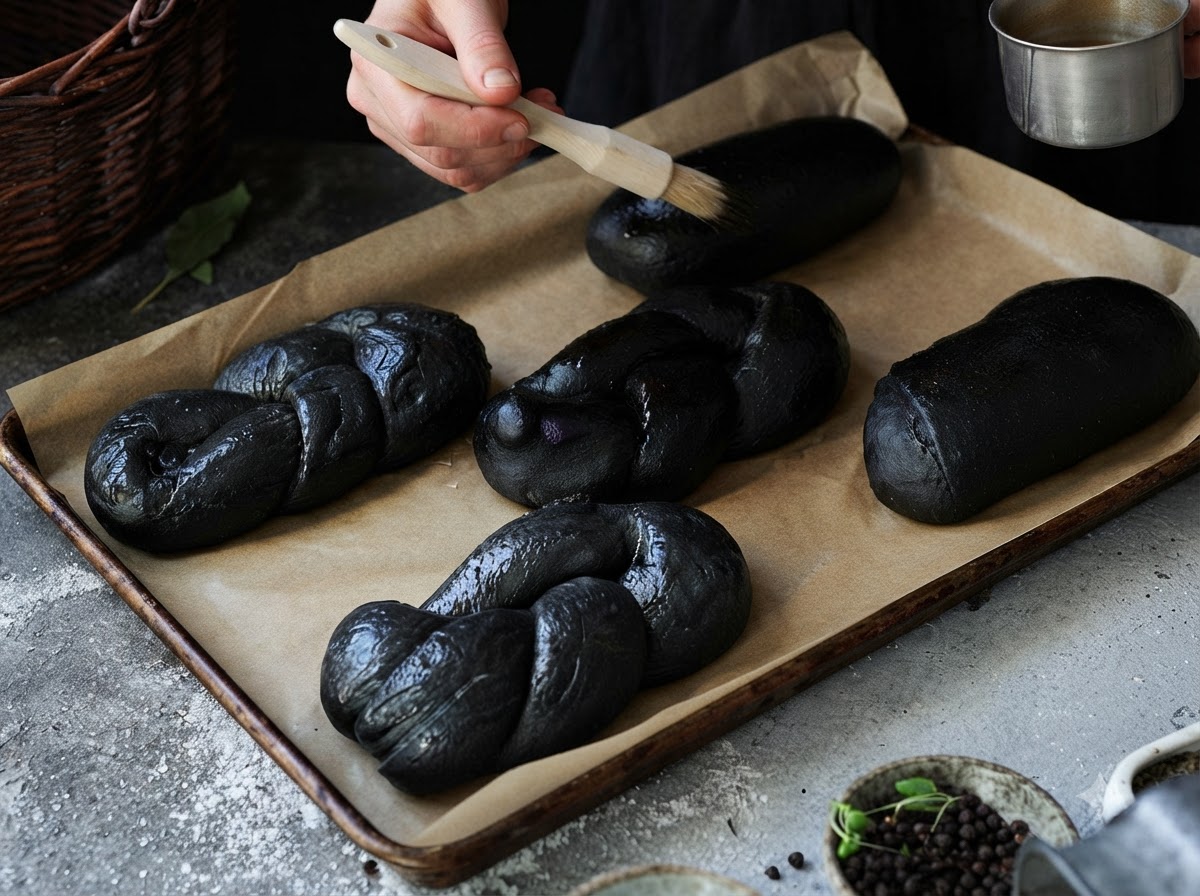 クッキングシートを敷いた天板にのった黒い三つ編みパン生地に、木のペストリーブラシで卵液を塗っているところ。
