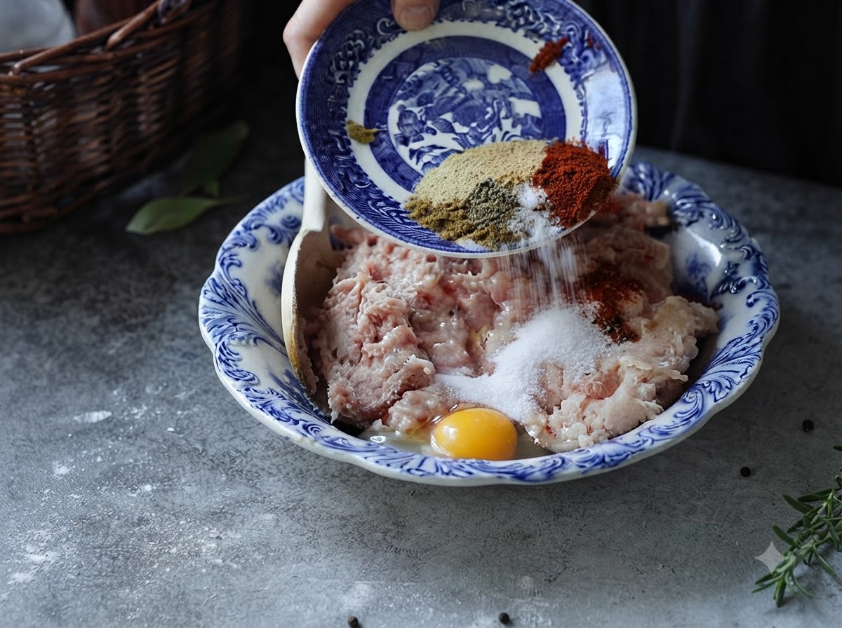 小さな小皿に入ったスパイスと割り入れた卵を、鶏ひき肉が入った大きなボウルに注いでいるところ。