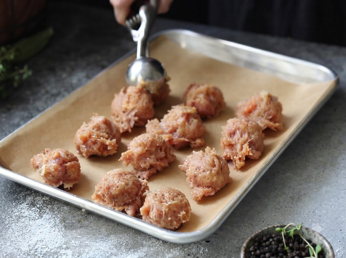 金属製のクッキーディッシャーで、味付けした鶏ひき肉をクッキングシートの上に並べているところ。