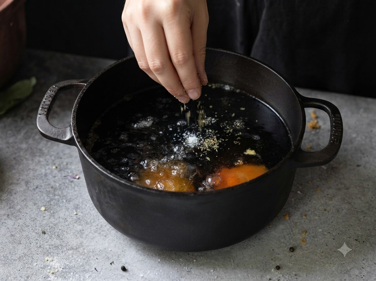 黒い鋳鉄鍋の中で泡立つ熱い油の上に、ハーブと調味料を振りかけている手。