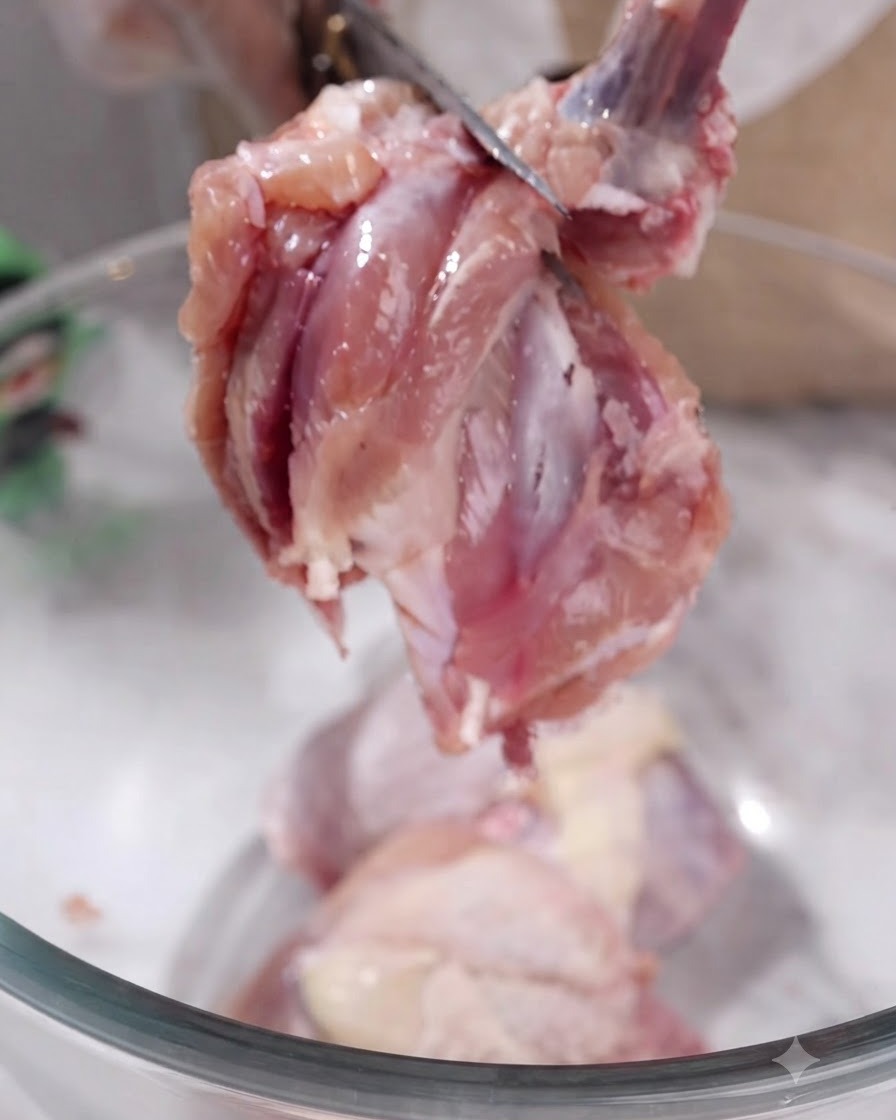 ガラスボウルの上で、生の鶏肉からキッチンバサミで骨を切り離している様子。