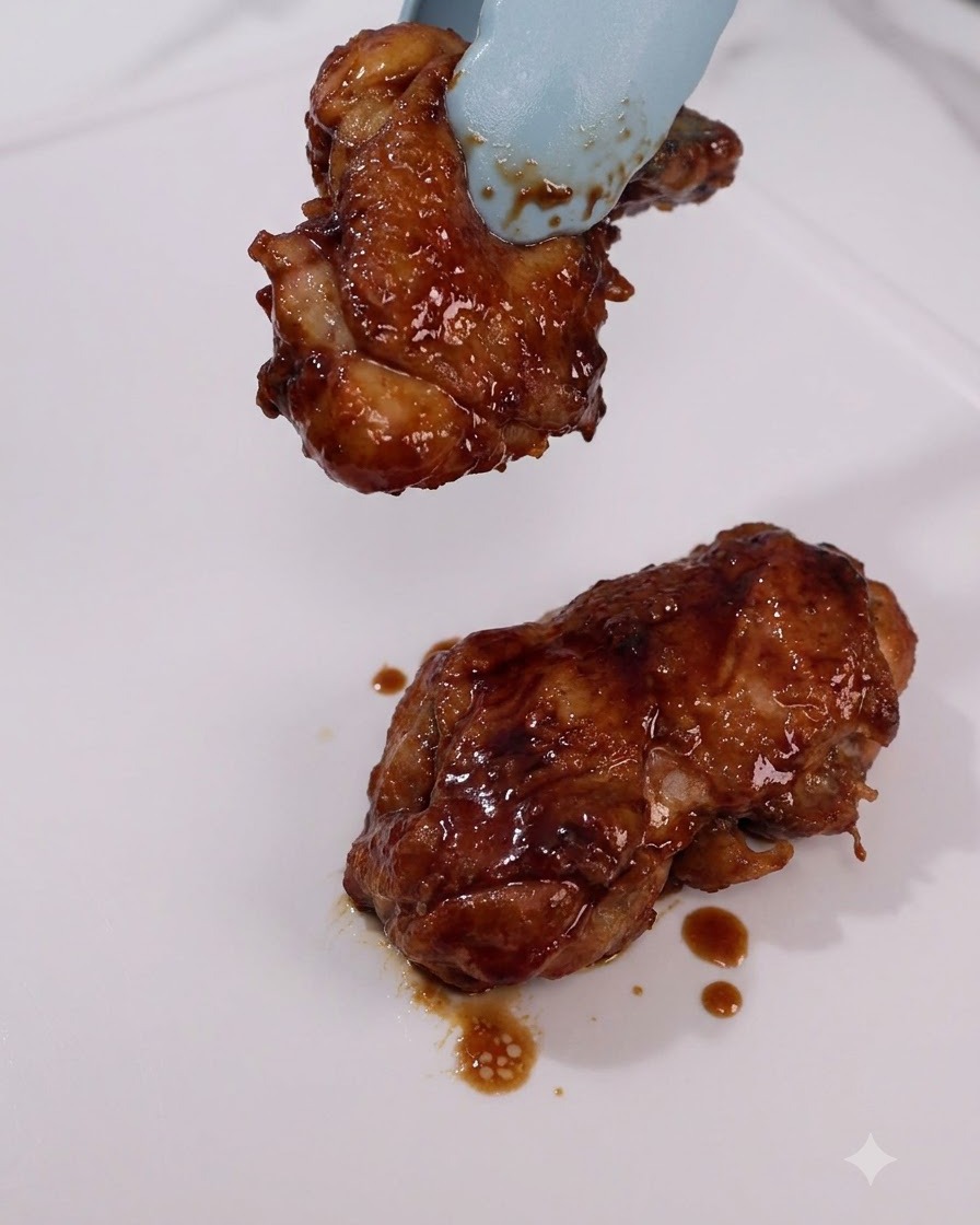 トングを使って、フライパンからタレの絡んだ鶏肉を白いお皿に移している様子。