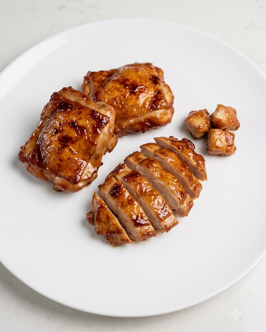 白いお皿の上で、焼けた鶏もも肉を包丁できれいに切り分けている様子。
