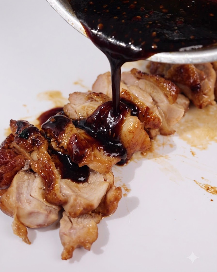フライパンに残った照り焼きのタレを、白いお皿に並べたスライスチキンの上から直接かけている様子。