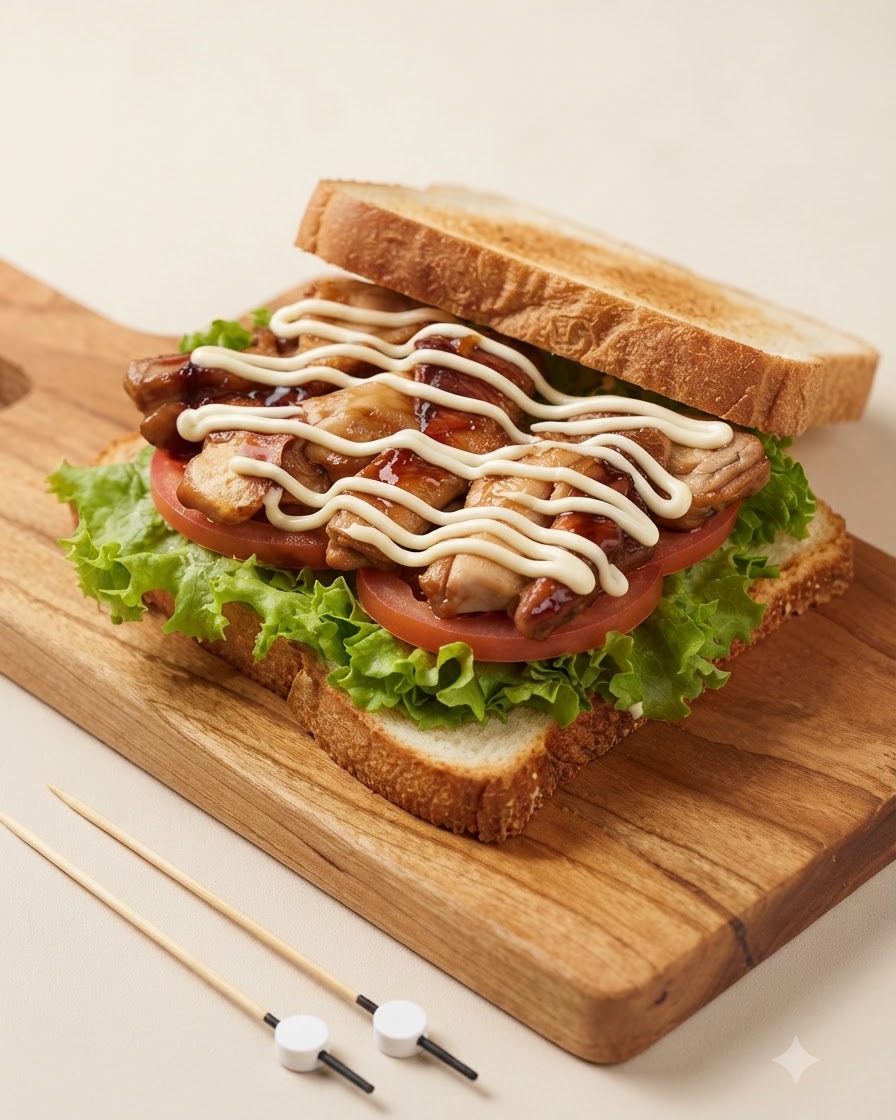照り焼きチキンの上にジグザグにかけられた白いマヨネーズの層のクローズアップ。