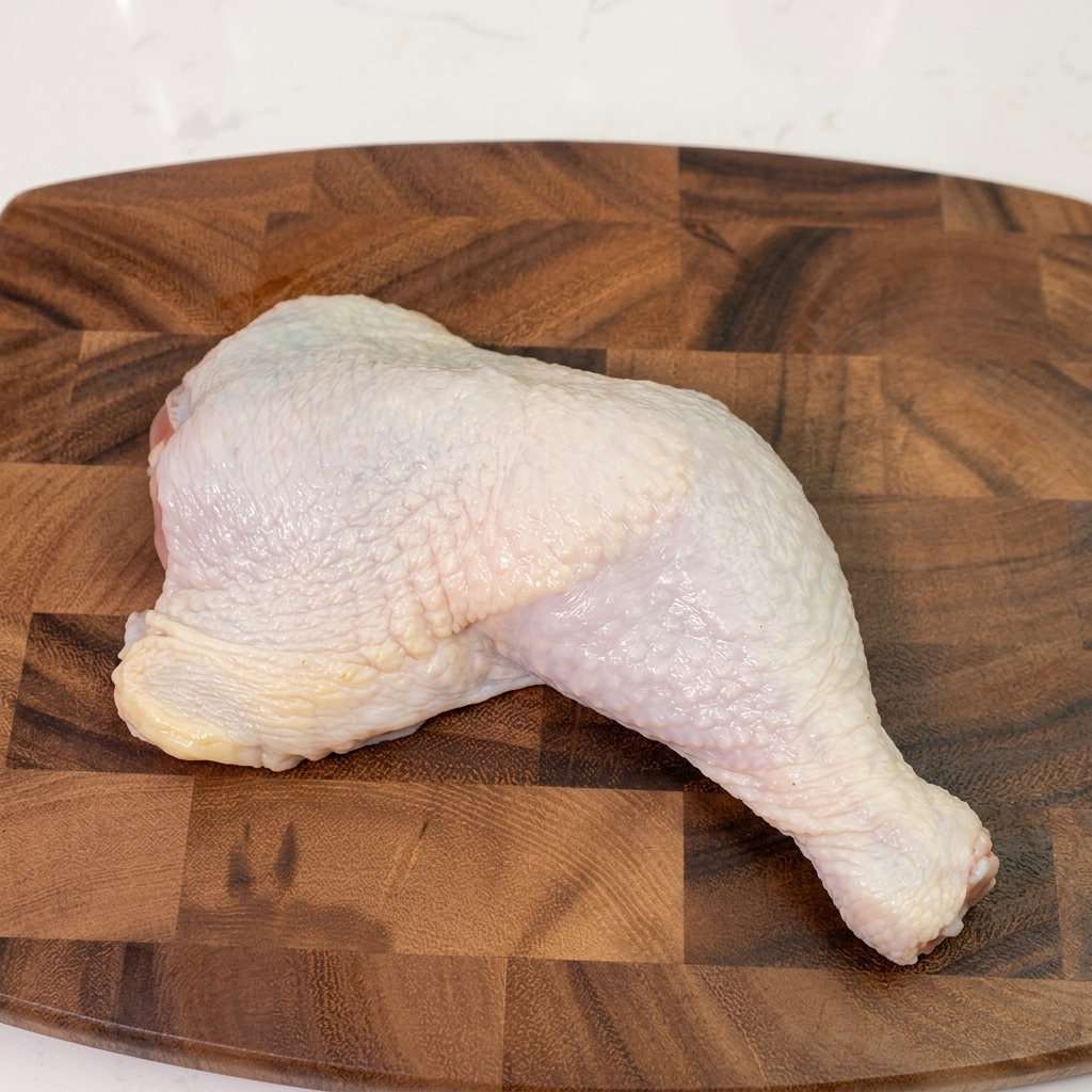 木のまな板の上で、鋭い包丁を使って生肉の鶏もも肉の骨を外している様子。