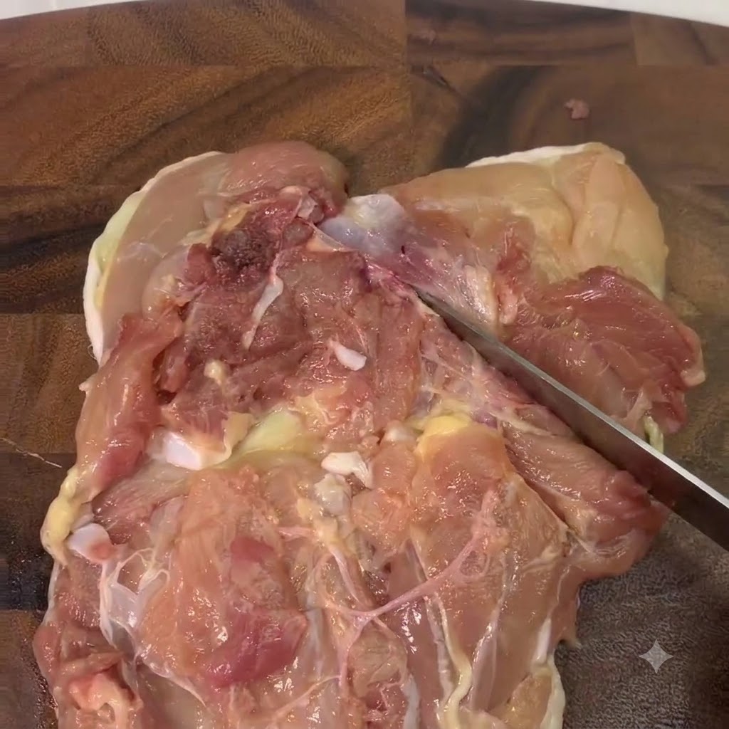 木製のボード上で、骨を抜いた鶏もも肉に包丁で切り込みを入れているアップの様子。