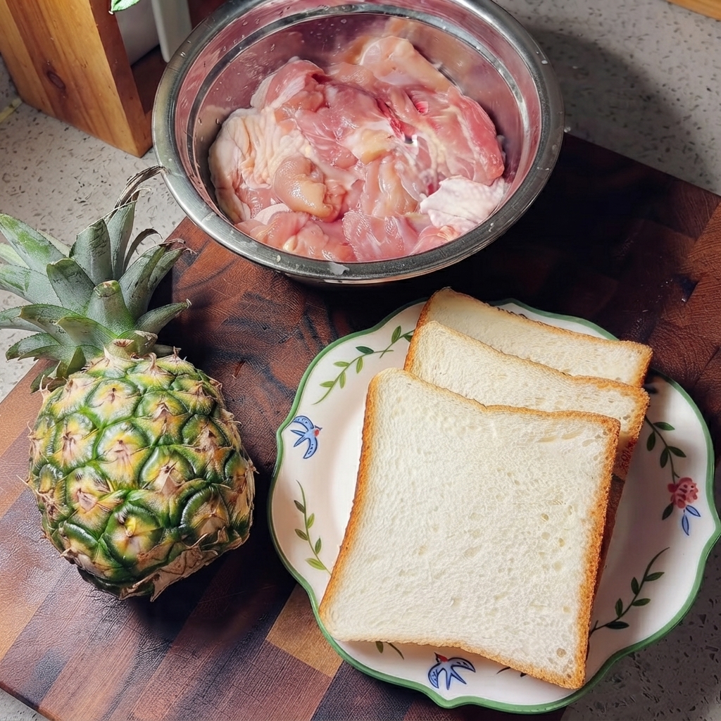 ステンレスのボウルに入った生の鶏もも肉と、その周りに置かれたパイナップルと食パンの皿。