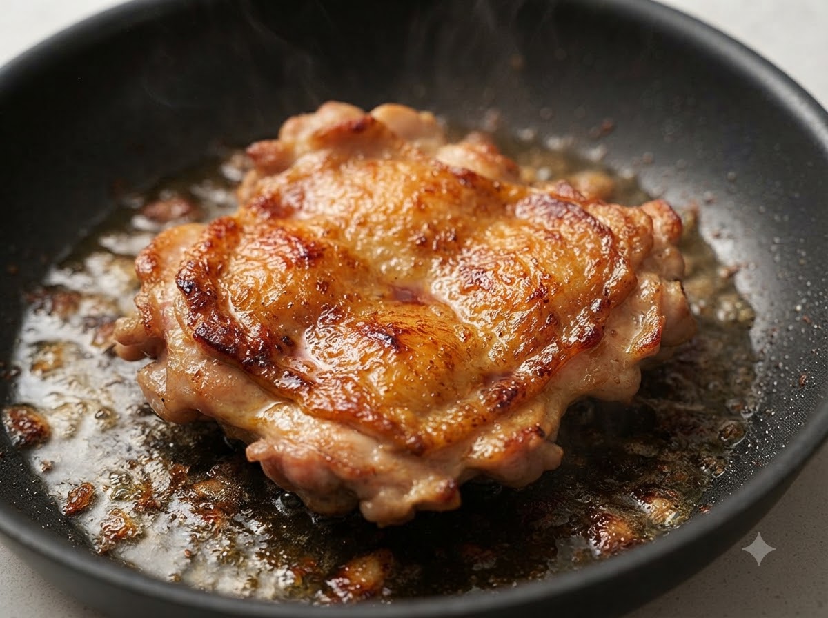 フライパンの中で肉汁とともにジューシーに焼けた、きつね色の鶏もも肉。