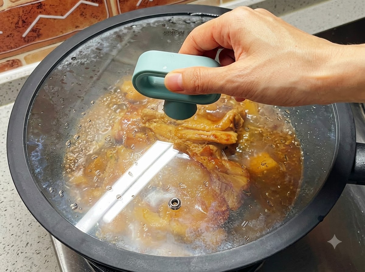 鶏肉がソースの中で煮込まれているフライパンのガラス蓋を片手で持っている様子。