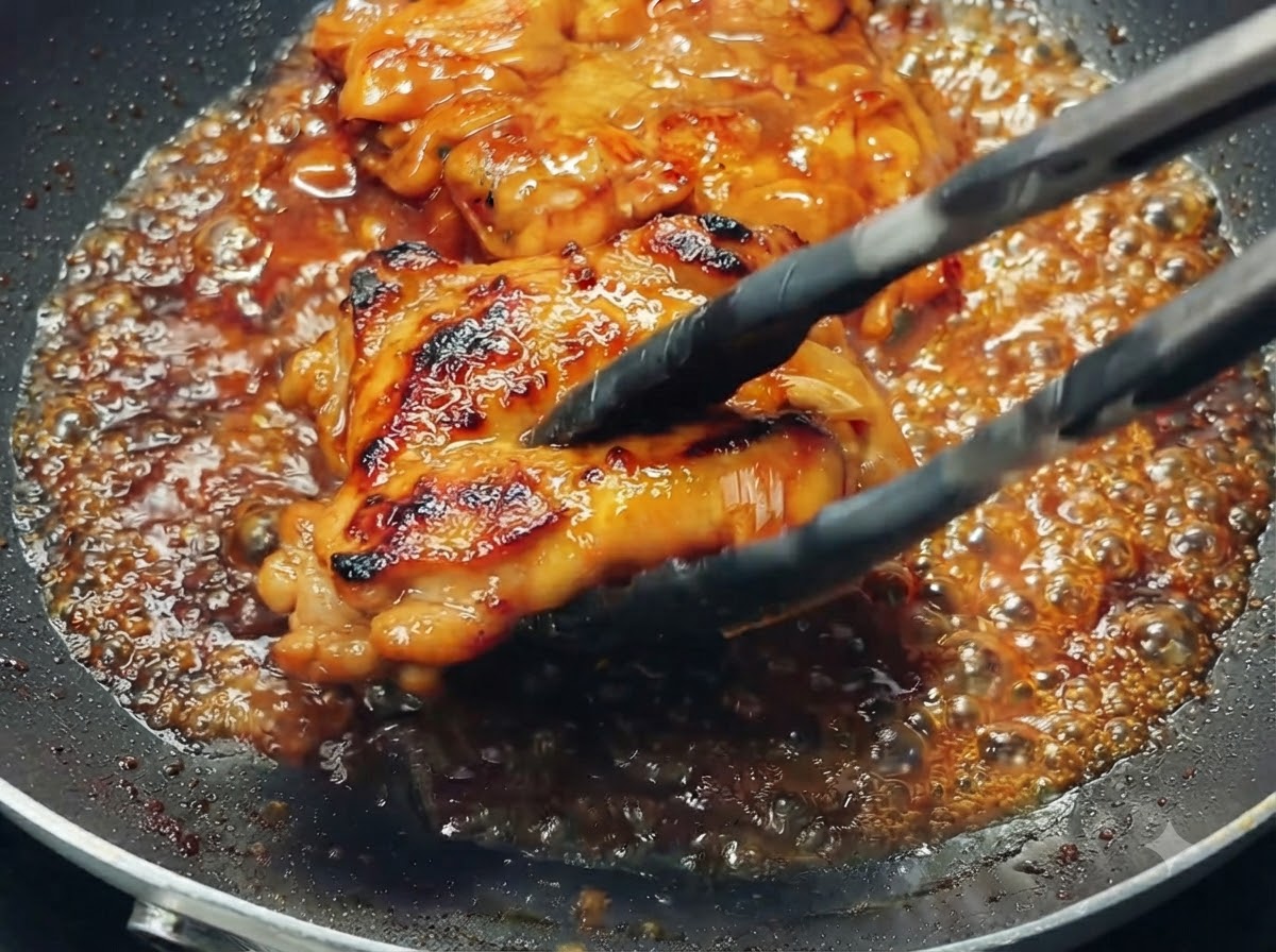ぶくぶくと泡立つ茶色い照り焼きソースの中で、トングを使って鶏肉を裏返している様子。