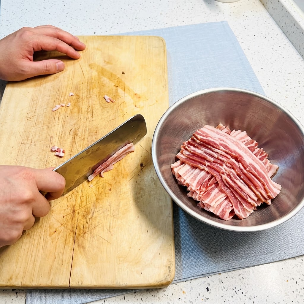 木製のまな板の上で豚バラ肉のスライスを切り分け、金属製のボウルに入れている様子。