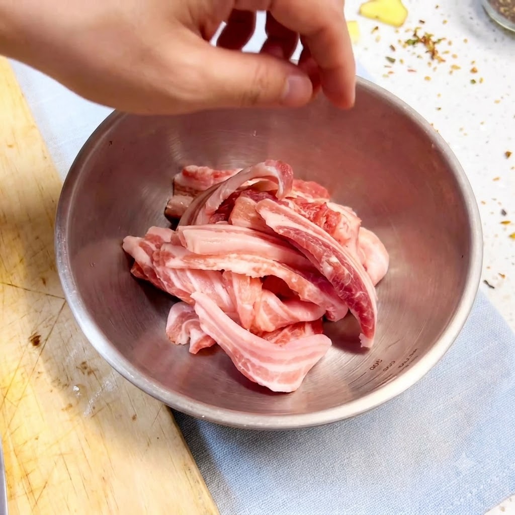 手袋を着用した手が金属製のボウルで豚バラ肉のスライスに調味料や香味野菜を混ぜ合わせている様子。