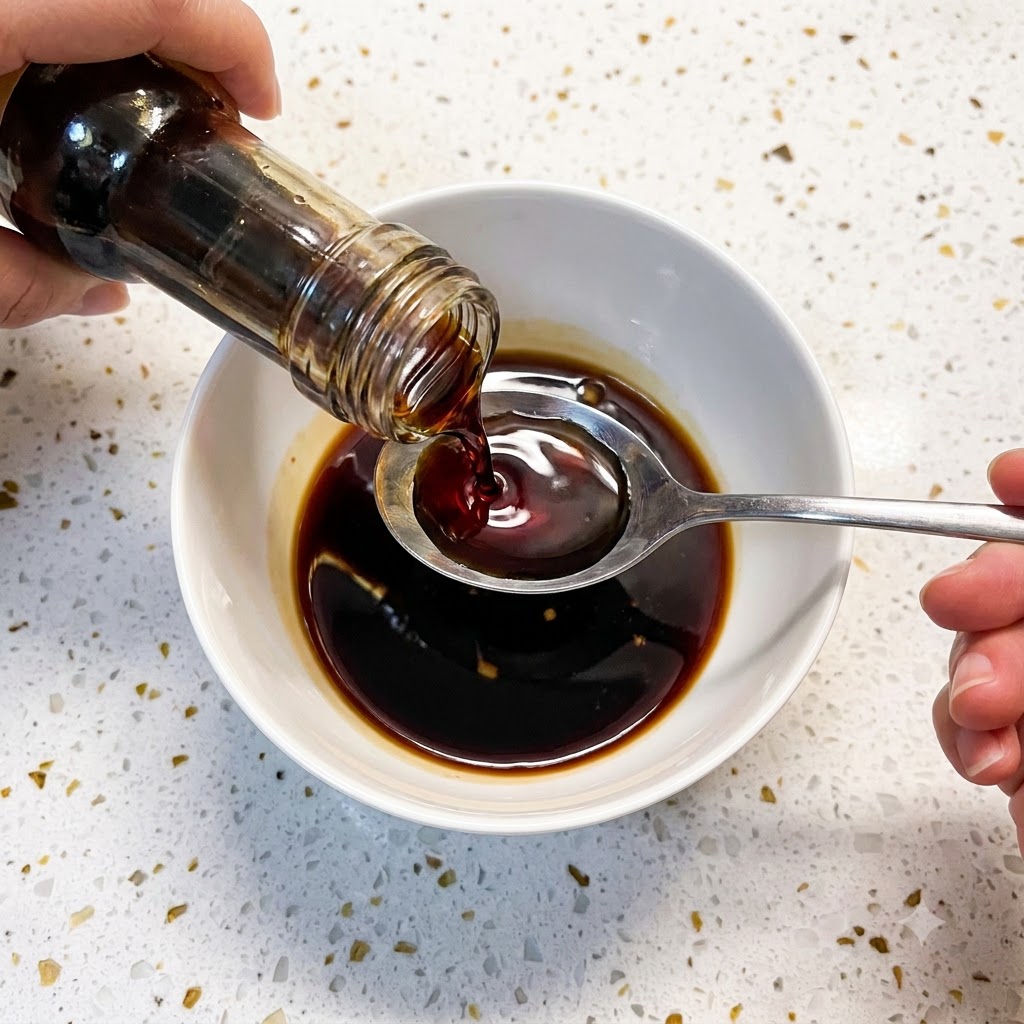 ボトルから液体調味料が、他のソースの材料が入った白いボウルに注がれている様子。