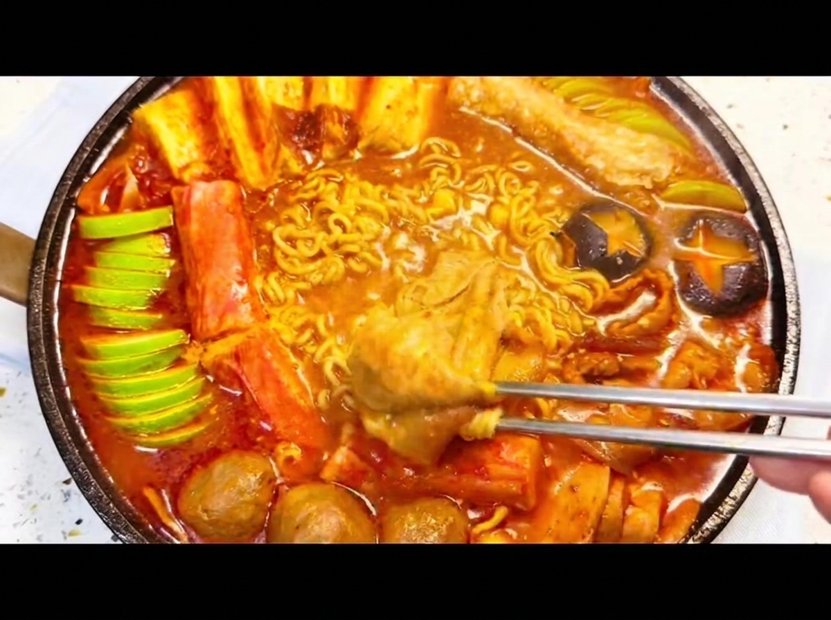 豆腐、ズッキーニのスライス、椎茸、肉団子、ランチョンミートが大きな鍋の中に綺麗に並べられている様子。