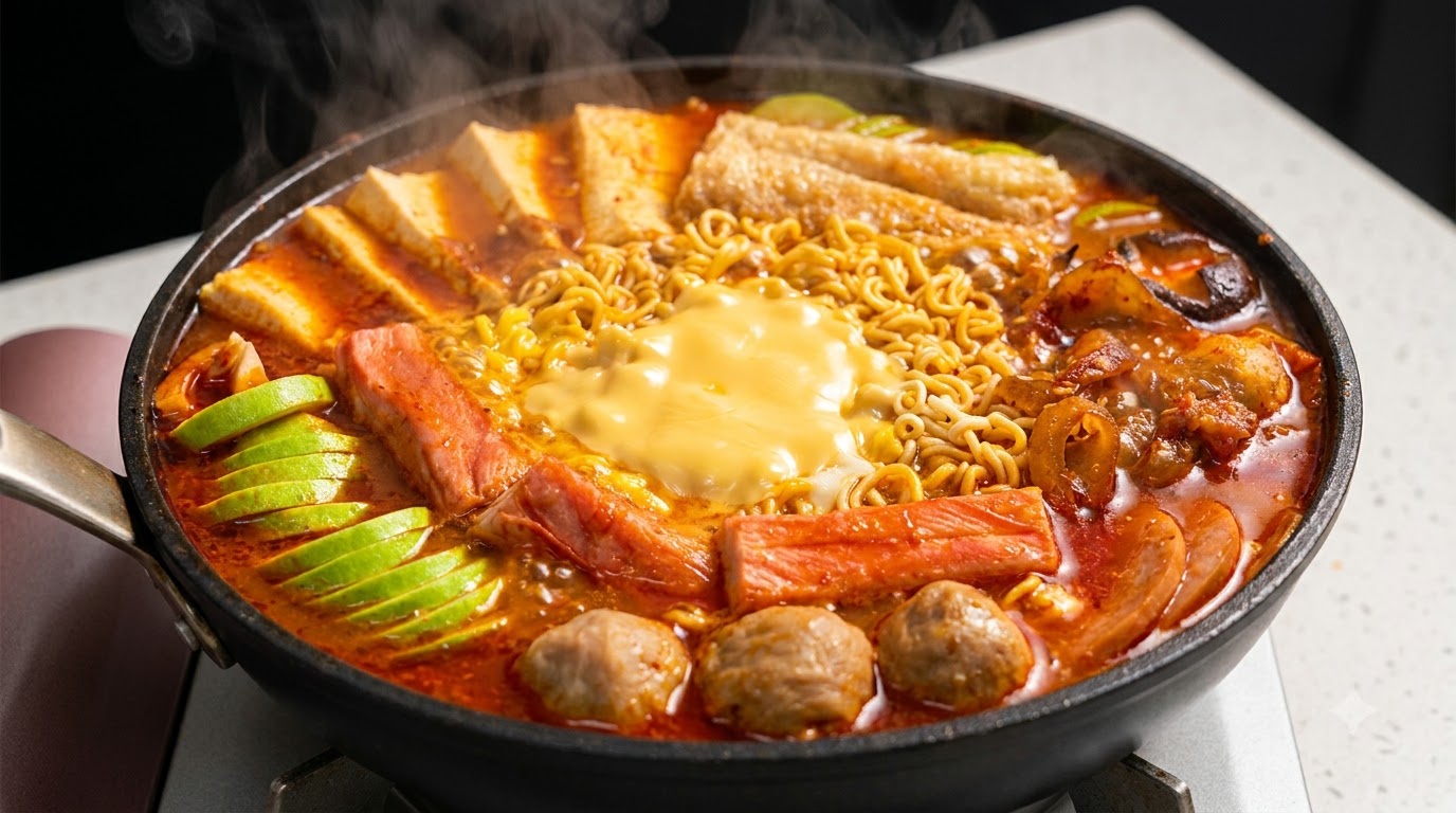 ラーメン、とろけたチーズ、スパム、豆腐、コクのあるスパイシーなスープが入った、グツグツと煮える韓国の部隊鍋。