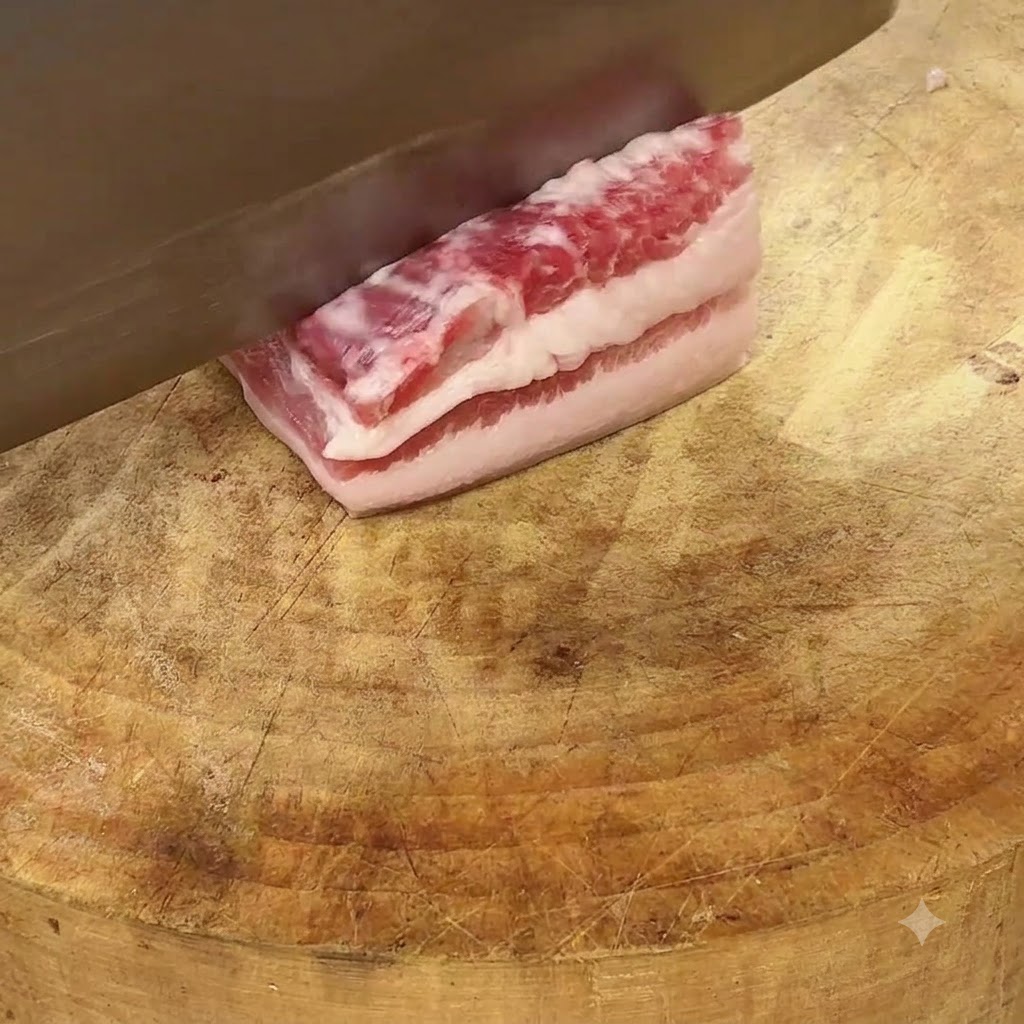 使い込まれた木製のまな板の上で、鋭い包丁を使って生の中華豚バラ肉を均等に切り分けている様子。