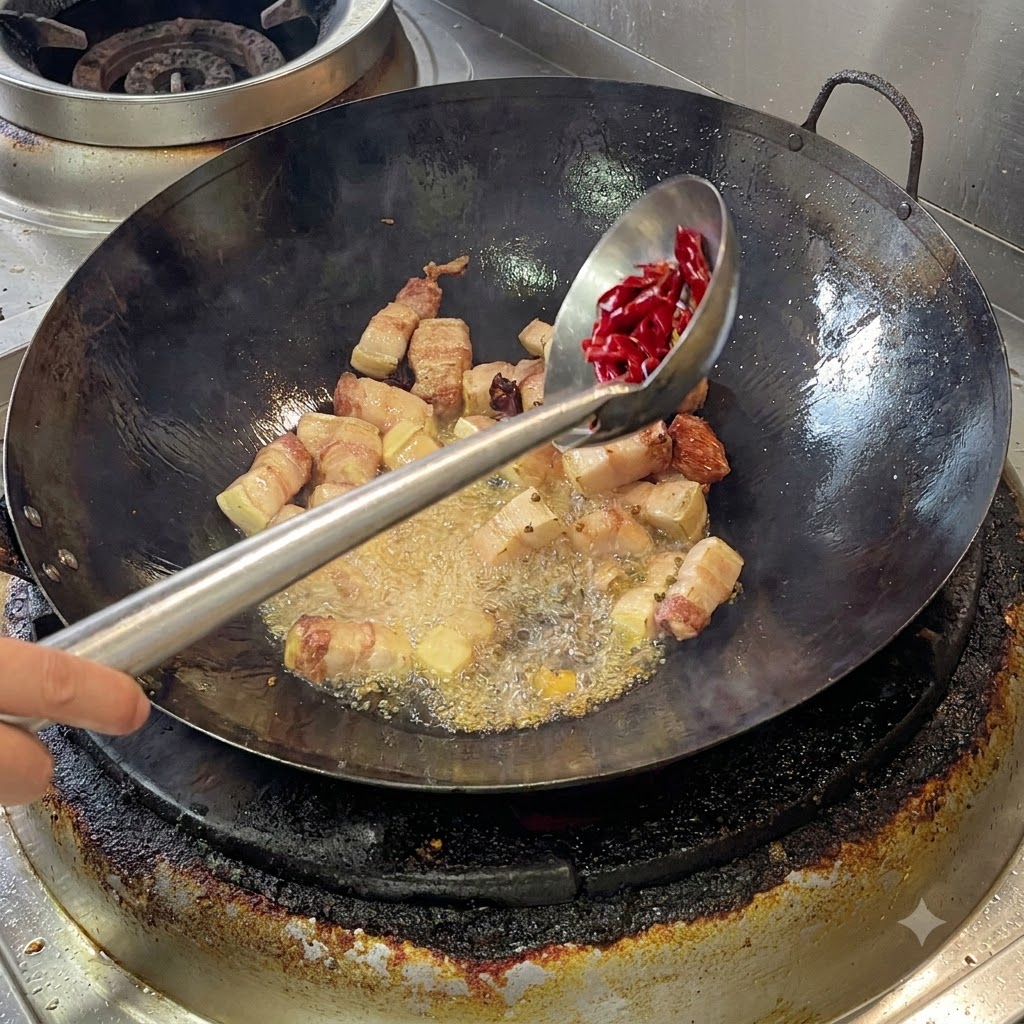 豚バラ肉を炒めている中華鍋に、色鮮やかな乾燥唐辛子と花椒をお玉で加えている様子。