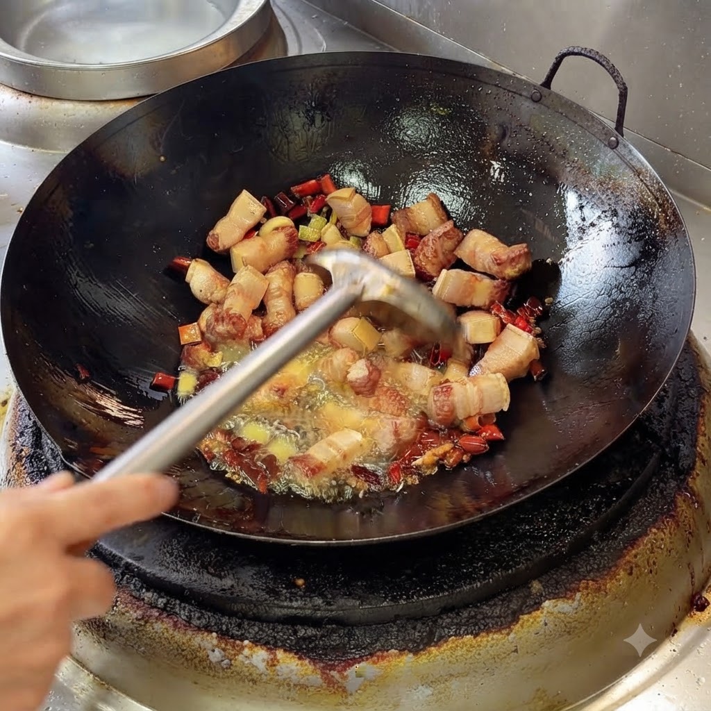 お玉を使って、熱々の豚バラ肉に豆板醤や香辛料を混ぜ合わせている中華鍋の中の様子。