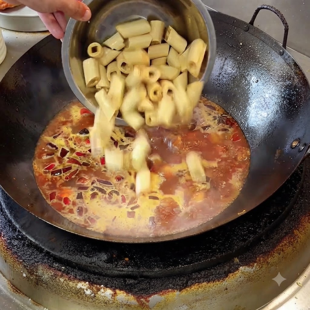 ボウルに入った切った湯葉巻きを、グツグツ煮立つ赤い煮汁の中華鍋に加えている様子。