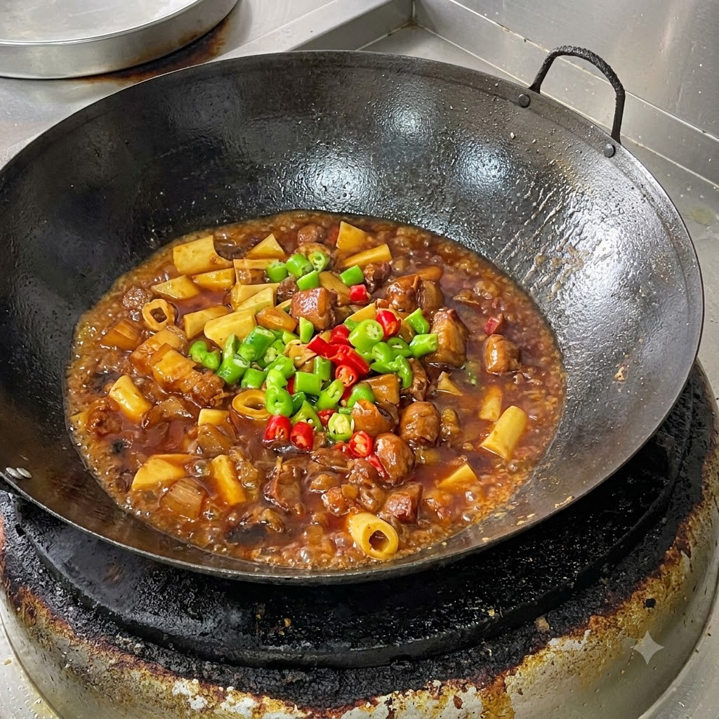 中華鍋に入った豚肉と湯葉の角煮に、刻んだ青と赤の唐辛子をトッピングした接写画像。