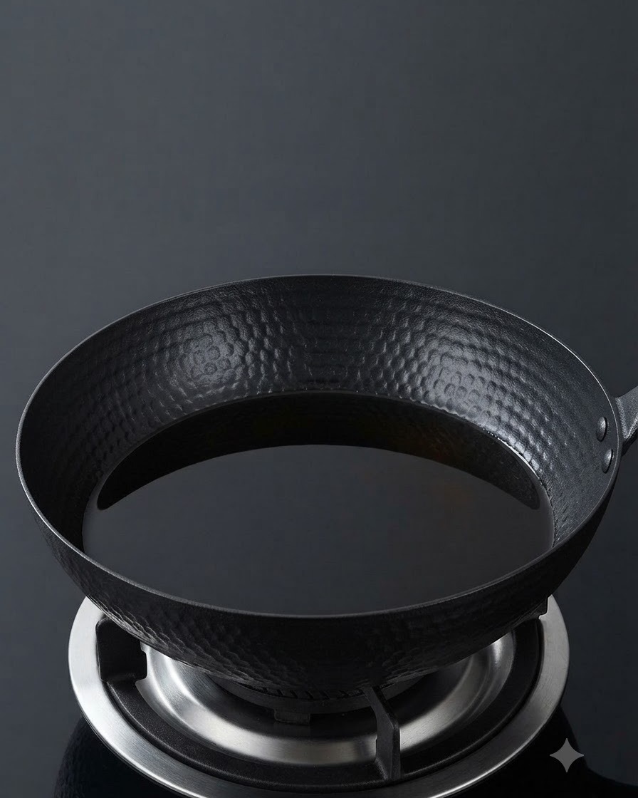IHコンロの上に置かれた、揚げ油の入った黒い中華鍋。